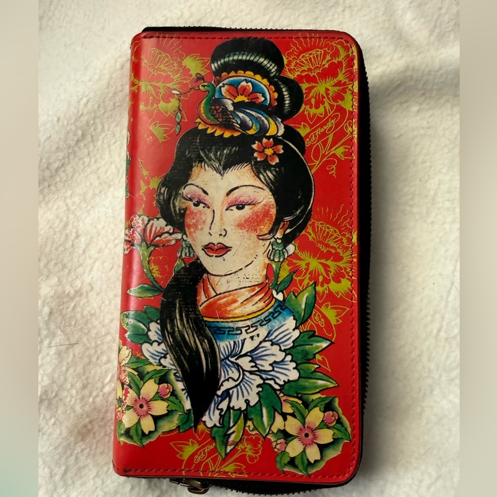 Ed Hardy Red Floral Geisha Zip-Around Wallet